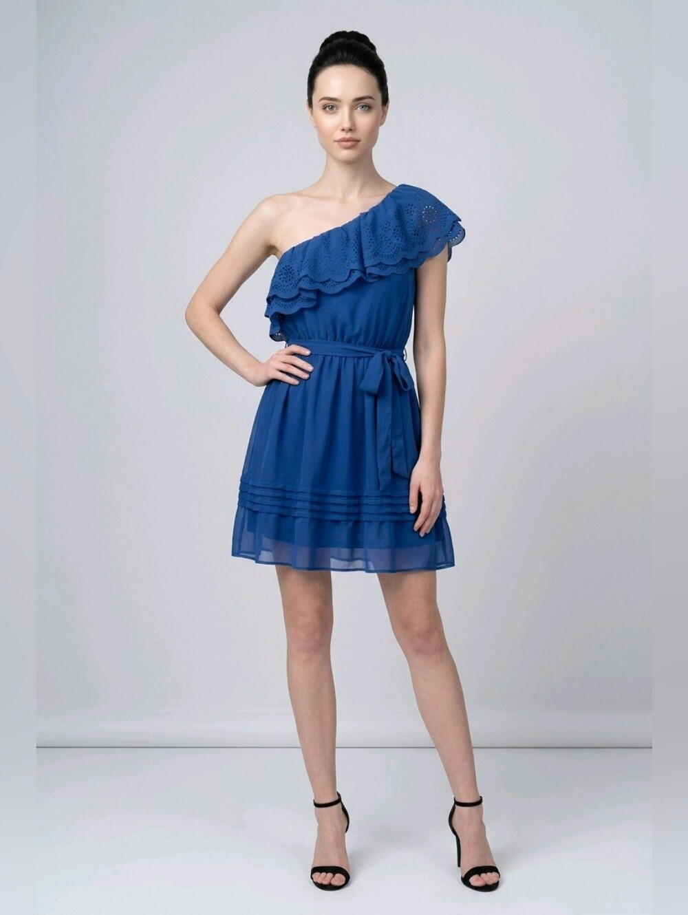 Double Zero Royal Blue One-Shoulder Ruffle Dress